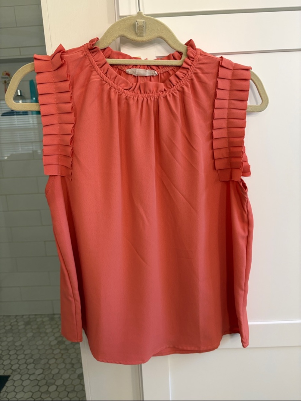Women's Coral Sleeveless Ruffle Shoulder Top